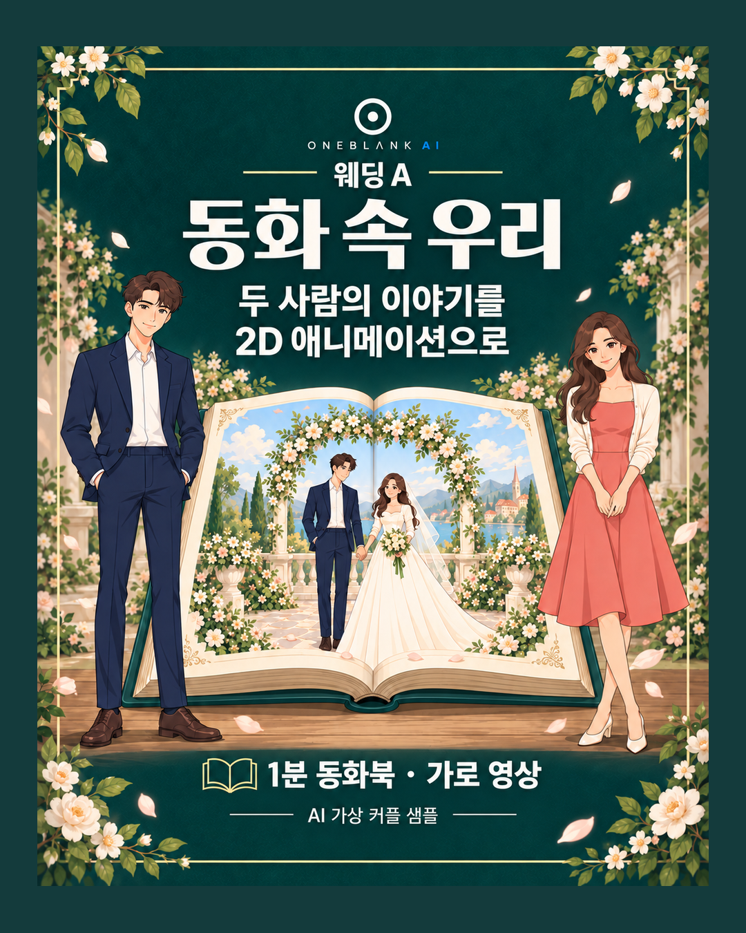동화 속 우리: 꽃과 동화책을 배경으로 한 AI 가상 커플 콘셉트 이미지